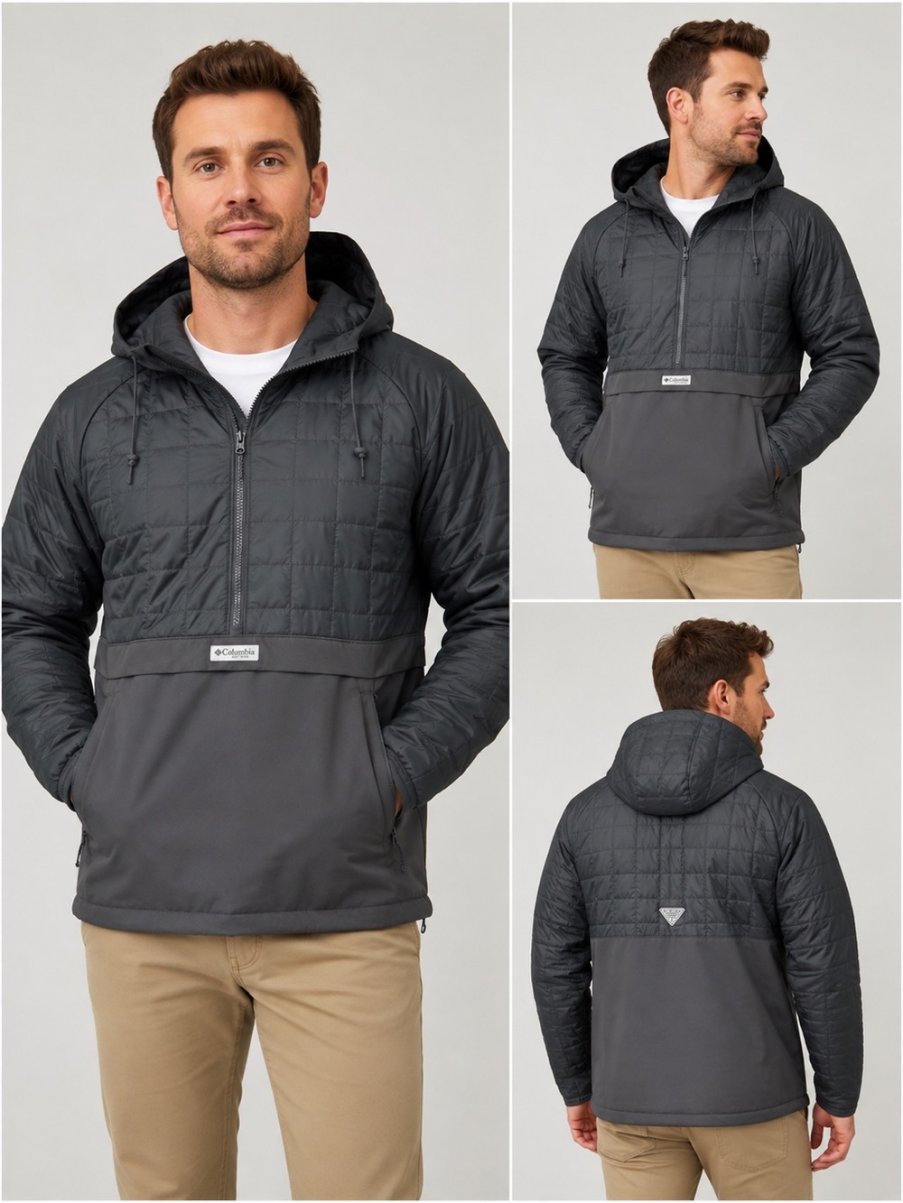 Columbia Men's PFG Uncharted Insulation Gray Hooded Quilted Pullover Puffer